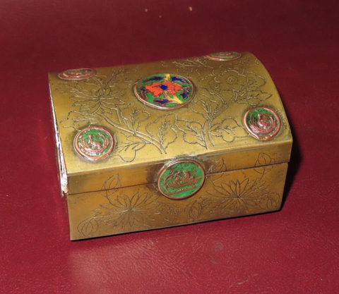 Vintage Hand Enameled 3.5x2.5" Chinese Brass Flip Lid Trinket Box - Sold As-Is