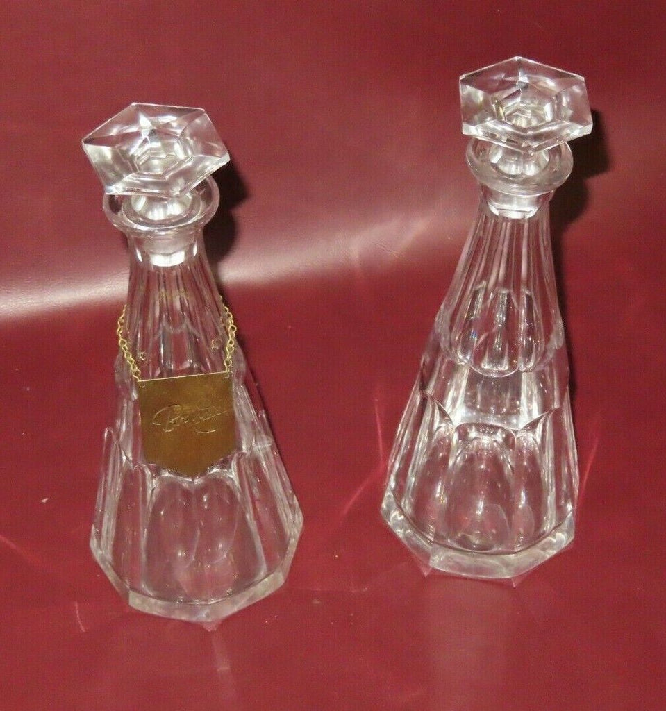 Pair 11" FINE Crystal Liquor Decanters w/ Stoppers & One "Brandy" Brass Emblem