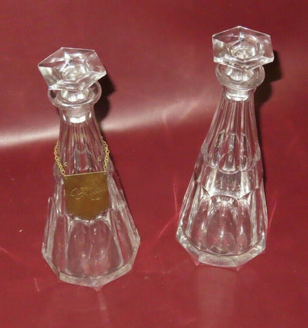 Pair 11" FINE Crystal Liquor Decanters w/ Stoppers & One "Brandy" Brass Emblem