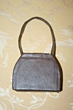 Antique Small Hard Sided 5" Long Brown Leather Handbag Purse w/ Strap