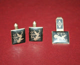 Vintage 3-pc Siam Silver Black Enameled Nielloware 1" Cufflink & Tie Clasp Set