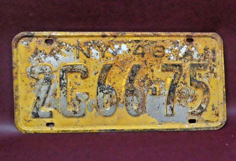 Vintage Collectible 1948 New York Yellow Metal License Plate - Heavy Wear & Rust