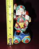 Vintage 6" Tall Japanese Style Hand Painted Buddha Figure on Barrels w/ Mallet