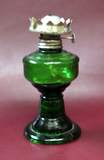 Antique Early 20th Century Small 12" Tall Green Glass Oil Lamp w/ Clear Chimney