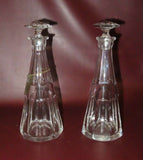 Pair 11" FINE Crystal Liquor Decanters w/ Stoppers & One "Brandy" Brass Emblem