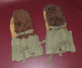 Vintage Pair WWII Era Military Fur Canvas Leather Arctic Mittens w/ Wool Liners