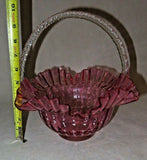 Vintage 10" Fenton Style Cranberry Glass Brides Basket w/ Ruffled Lip & Handle