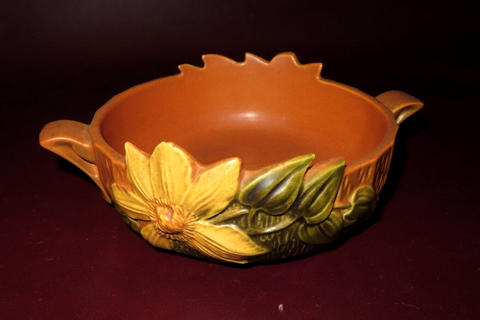 Vintage Roseville Art Pottery Double Handled Orange Rust Clematis Bowl 456-6"