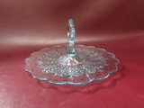 Vintage Center Handle 12" Ruffled Clear Blue Depression Glass Serving Platter