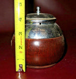 Antique English Oak & Nickel Plate 4" Round Tea Caddy Canister Jar c. 1920