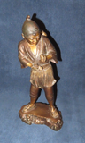 Vintage Solid Brass 16" Japanese Style Sculpture of Fisherman w/ Basket on Base