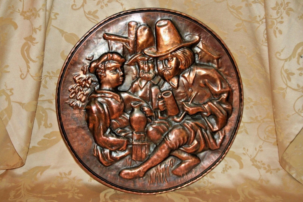 Antique Style Hammered 18" Copper Wash Spelter Pilgrim Pub Scene Wall Plaque