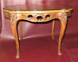 Antique Highly Carved French Marquetry Inlaid Wood Occasional Table w/ Glass Top