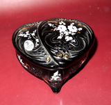 Vintage Fenton Black Glass Heart Shaped Trinket Box Hand Painted by A. Russell
