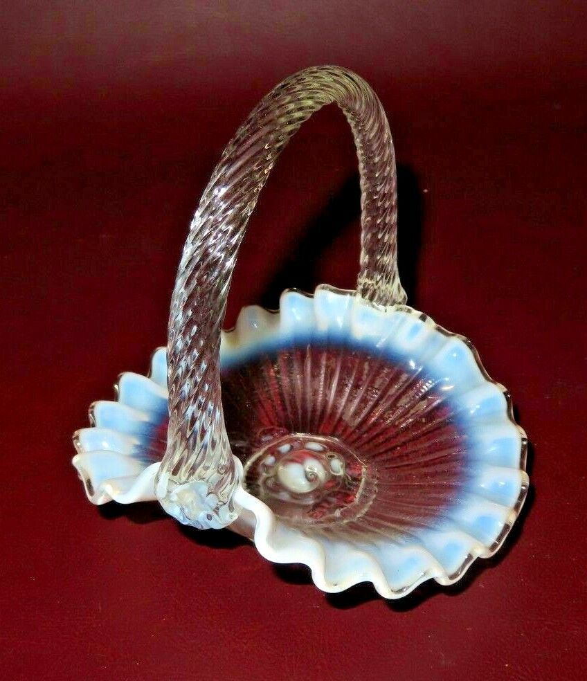 Vintage Small 5" Fenton Clear to White Wavy Lip Twist Handle Art Glass Basket