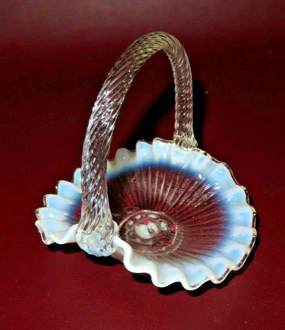 Vintage Small 5" Fenton Clear to White Wavy Lip Twist Handle Art Glass Basket