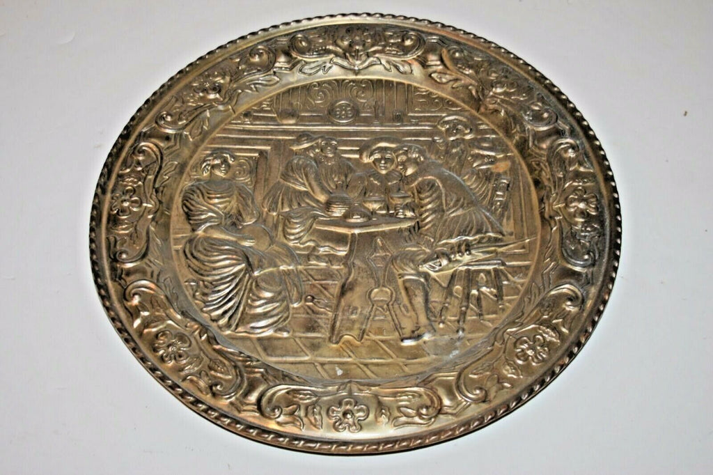 European Style 17" Round Hanging Brass Tray Embossed w/ Tavern Pub Scene