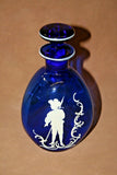 Vintage Cobalt Blue Art Glass Decanter & Stopper - Hand Painted w/ Soldier Boy