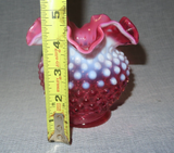 Vintage Fenton Style Round Cranberry & White Hobnail Art Glass Vase w/ Wavy Lip