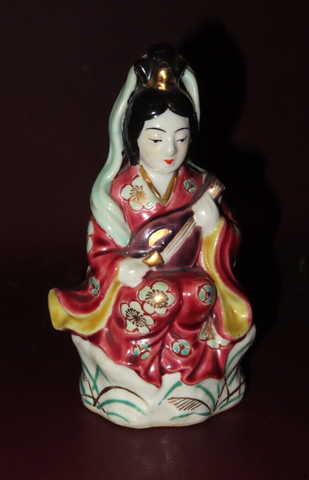 Vintage 6" Tall Japanese Hand Painted Porcelain Geisha Figure Mandolin - Sm Chip