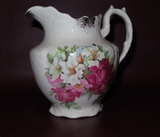 Antique 8" "Naomi" Fine Porcelain & Gilt Water Pitcher Pink & White Floral Decor