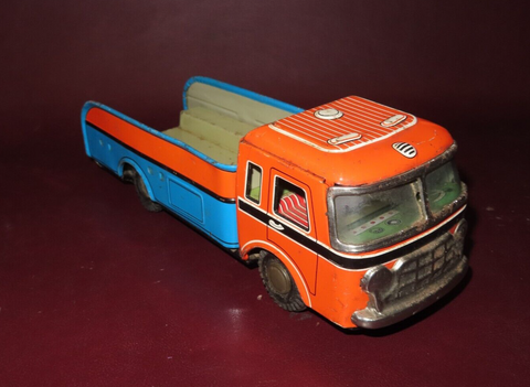 Vintage Cragstan Style Blue & Orange Litho Tin Toy Pickup Truck - Missing Wheel
