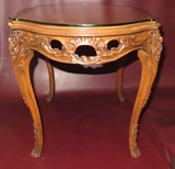 Antique Highly Carved French Marquetry Inlaid Wood Occasional Table w/ Glass Top