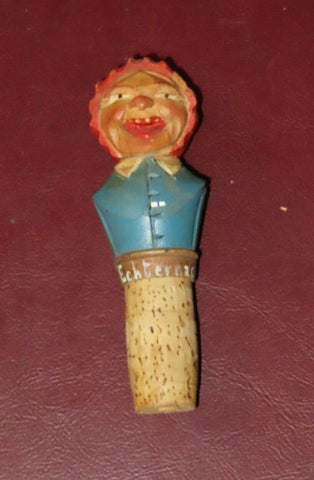 Vintage 4.25" Hand Carved Painted Wood & Cork Stopper - Old Lady - "Echternach"