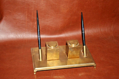 Vintage Italian Brass 9x5" Rectangular Double Desk Pen Inkwell - Sarried LTD