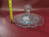 Vintage Center Handle 12" Ruffled Clear Blue Depression Glass Serving Platter