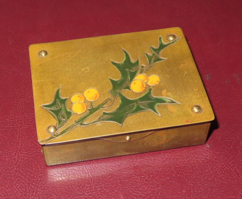 Vintage Brass 3.5x2.5" Ges. Gesch German Flip Lid Stamp Trinket Box Holly Decor