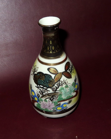 Vintage Hand Painted 5.75" Japanese Saki Tea Bottle Bud Vase w/ Floral Images