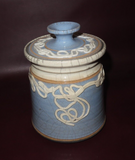 Vintage 7" Tall Blue & White Turned & Glazed Crackle Pottery Lidded Cookie Jar