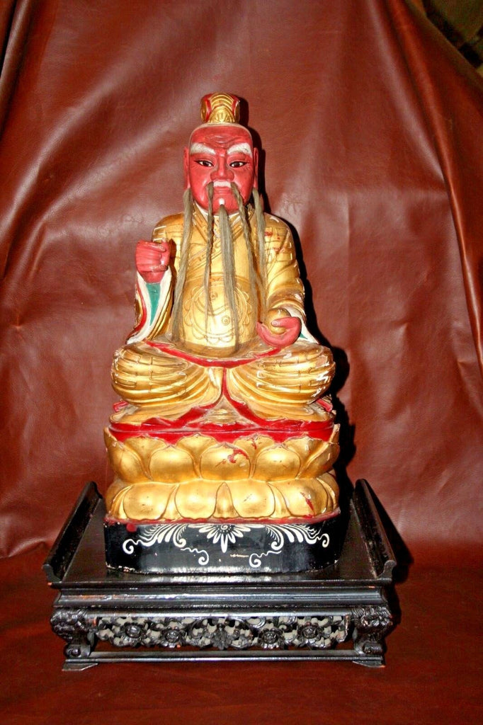 Antique Chinese Gilt Wood Carved 25" Cai Shen Wealth God Buddha Statue on Base