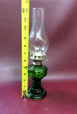 Antique Early 20th Century Small 12" Tall Green Glass Oil Lamp w/ Clear Chimney