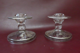 Antique Pair 3.5" Clear Glass Candlestick Holders w/ Leafy Silver Overlay Decor