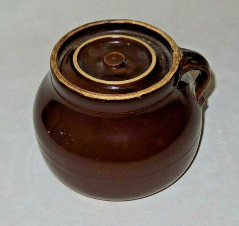 Vintage Dark Brown Ceramic 8" Crockery Bean Pot w/ Single Handle & Lid