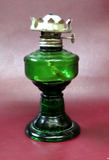 Antique Early 20th Century Small 12" Tall Green Glass Oil Lamp w/ Clear Chimney