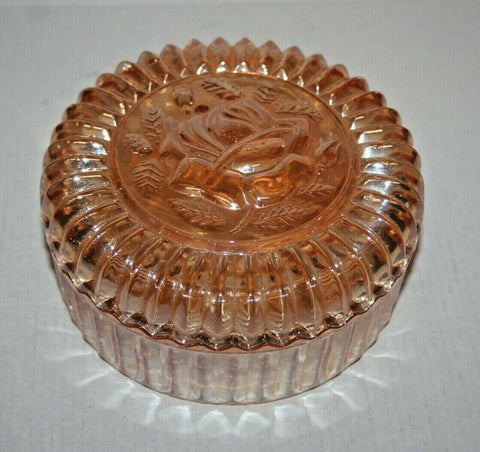 Vintage Marigold Luster Carnival Glass Covered Dish w/ Sawtooth Lip & Rose Decor