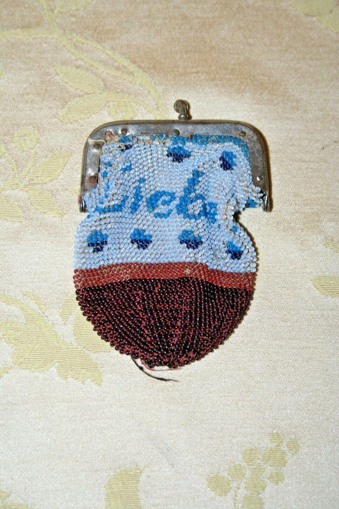 Antique Small Blue German Beaded Coin Purse - Aus Liebe "Of Love" - Sold As-Is