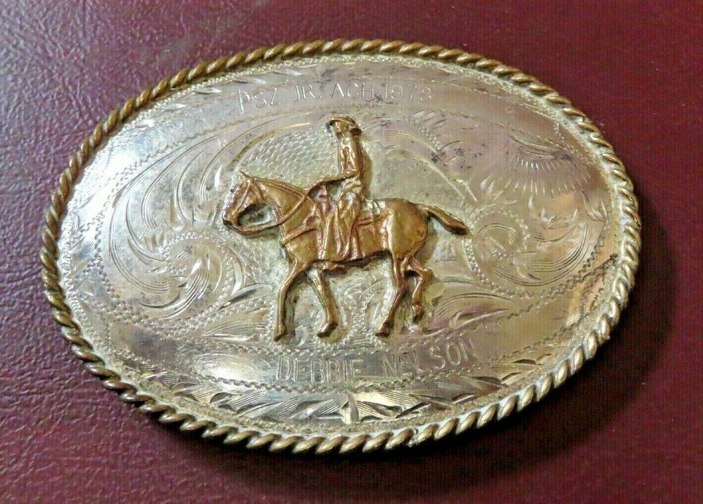 TEX-TAN "Debbie Nelson" Western Belt Buckle w/ Bronze Cowboy & Sterling Front