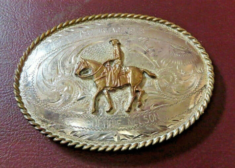 TEX-TAN "Debbie Nelson" Western Belt Buckle w/ Bronze Cowboy & Sterling Front