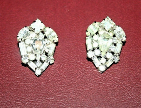 Vintage Pair Large 1.25" Heart Shape Rhinestone Clip-On Costume Jewelry Earrings