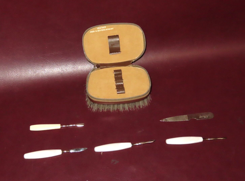 Vintage Special Triple Cut German Manicure Set in 4" Leather Zipper Brush Case