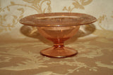 Antique Fancy Etched Pink Depression Glass 7x3.5" Gilt Lip Compote Stemmed Dish