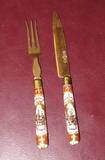 Antique Stahl Bronce German Knife & Fork Set w/ Hand Painted Porcelain Handles