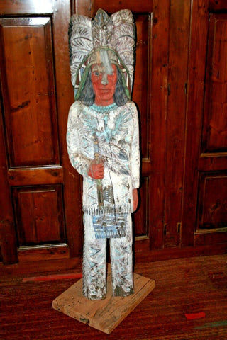 Vintage 60" Tall Hand Carved & Painted Wood Cigar Pipe Store Indian Sculpture