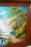 Very Nice Hand Sewn Silk Tapestry w/ 3D Image of Tropical Scene in Oak Frame