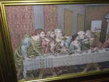 Vintage Gilt Wood Framed 34" Long Christian Tapestry - Jesus & the Last Supper