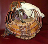 Vintage Large SW Native American Style Hand Made Twig Bark Feather & Fur Basket